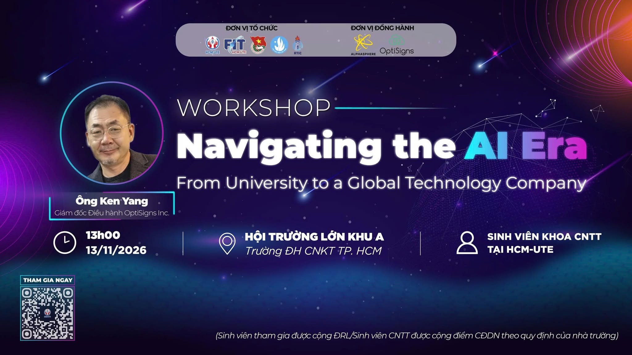 Official Navigating the AI Era workshop poster featuring Ken Yang, 13 November 2026 at HCM-UTE.